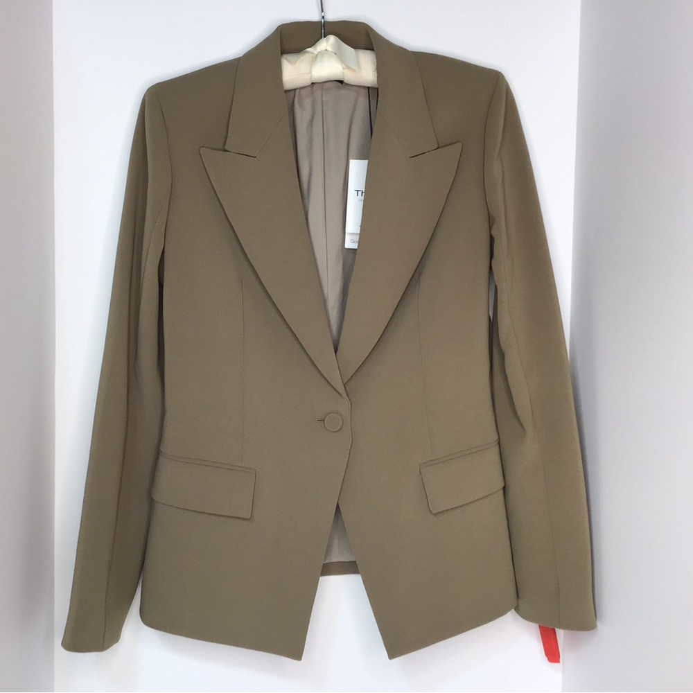 Theory Angled Blazer 6 Reg Dark Beige Tan Jacket Shoulder Pads Admiral Crepe NWT